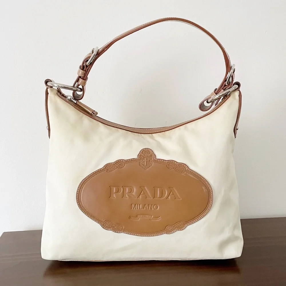 Prada white nylon camel brown leather embossed logo shoulder hobo bag